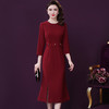 WXY-新款七分袖收腰女神范绣花缎面裙醋酸红色连衣裙 商品缩略图0