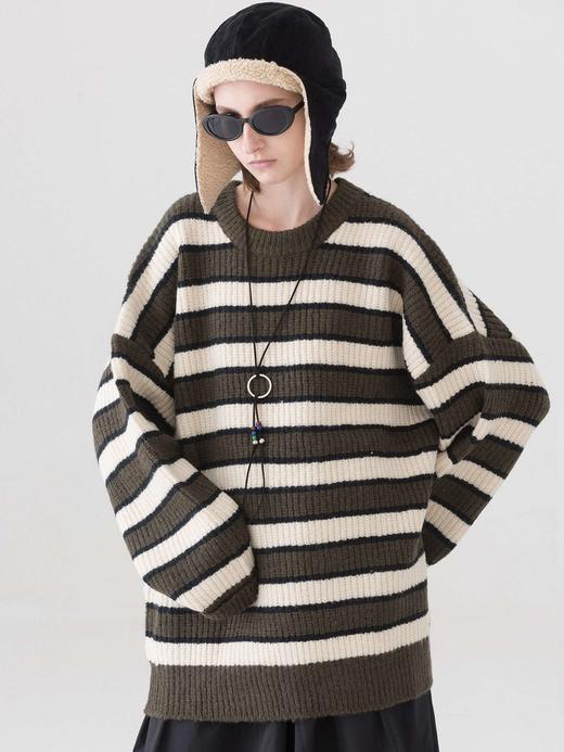 MODITEC 拼色条纹宽松毛衣 慵懒套头针织衫 商品图0