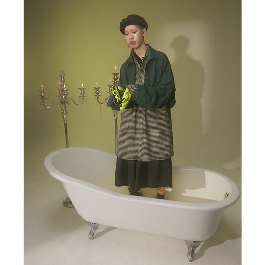 UMAMIISM 有茂密声 21SS 翻毛皮拼接千鸟格假两件夹克衬衫风衣 商品图2