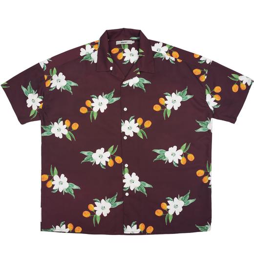 MODITEC 夏季复古酒红金桔花卉古巴mojito衬衫宽松夏威夷短袖衬衫 商品图3