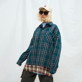 MODITEC 20秋冬 撞色拼接格纹仿羊毛衬衫外套 双色廓形外套