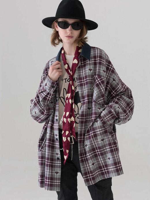 MODITEC 爱心格纹法兰绒衬衫 OVERSIZE衬衫外套 情侣款 商品图1