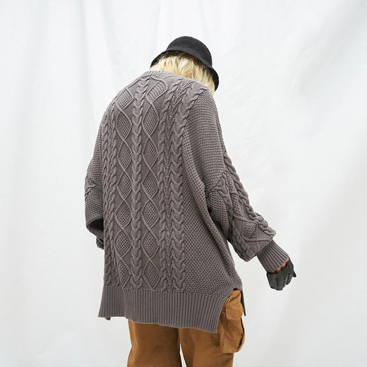 MODITEC 20秋冬 手工粗针提花侧边开叉宽松毛衣 手工编织双色毛衣 商品图3