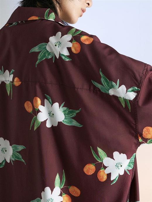 MODITEC 夏季复古酒红金桔花卉古巴mojito衬衫宽松夏威夷短袖衬衫 商品图2