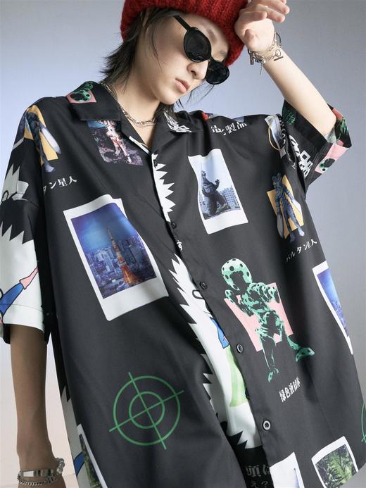 MODITEC 怪兽入侵短袖衬衫男宽松夏季古巴mojito印花衬衣热狗同款 商品图1