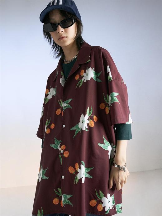 MODITEC 夏季复古酒红金桔花卉古巴mojito衬衫宽松夏威夷短袖衬衫 商品图0