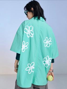 MODITEC 20SS花朵手绘印花短袖条纹宽松衬衫男女款ALOHA古巴衬衣