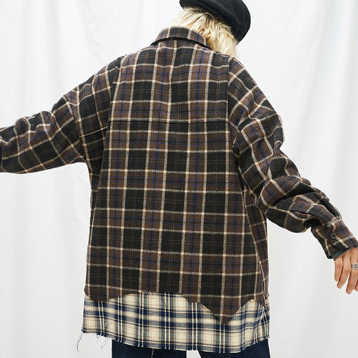 MODITEC 20秋冬 撞色拼接格纹仿羊毛衬衫外套 双色廓形外套 商品图1
