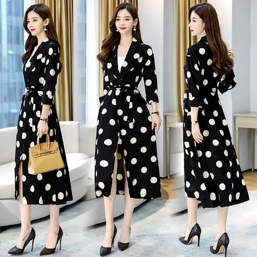 HRFS-HAYR7515新款时尚气质休闲宽松翻领长袖中长款波点风衣外套 商品图0