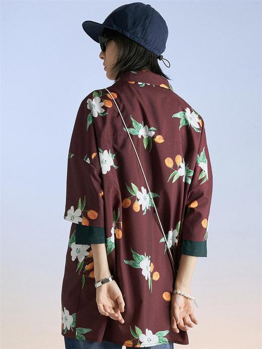 MODITEC 夏季复古酒红金桔花卉古巴mojito衬衫宽松夏威夷短袖衬衫 商品图1