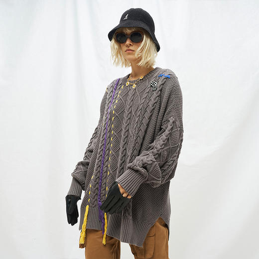 MODITEC 20秋冬 手工粗针提花侧边开叉宽松毛衣 手工编织双色毛衣 商品图1