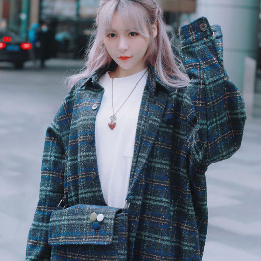 MODITEC秋冬粗织格纹宽松外套法式风格呢子外套赠挎包张语格同款 商品图0