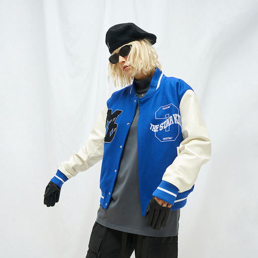 MODITEC 20秋冬 蓝白羊绒皮袖拼接夹棉棒球外套 乐队主题刺绣棉服 商品图0