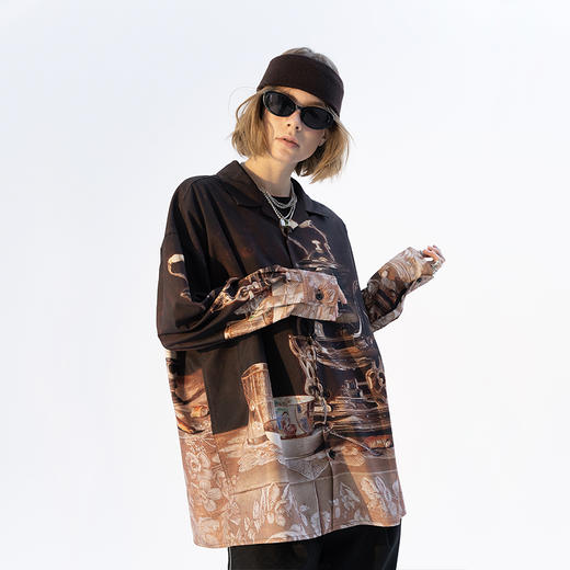 MODITEC 21SS 春季棕色油画全服趣味印花长袖古巴休闲宽松衬衫 商品图1