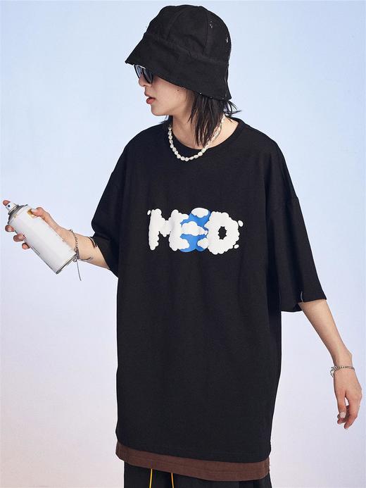 MODITEC 卡通蓝天白云朵字母发泡印花宽松短袖男女休闲纯棉T恤 商品图1