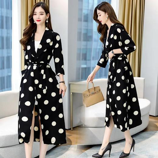 HRFS-HAYR7515新款时尚气质休闲宽松翻领长袖中长款波点风衣外套 商品图2