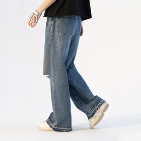 MODITEC 21SS 刀割破坏直筒水洗牛仔裤 宽松休闲直筒牛仔裤