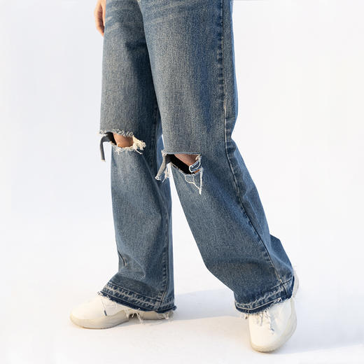 MODITEC 21SS 刀割破坏直筒水洗牛仔裤 宽松休闲直筒牛仔裤 商品图2