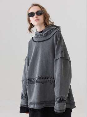 MODITEC 毛边破坏刺绣重水洗毛圈卫衣 假两件宽松潮流情侣款