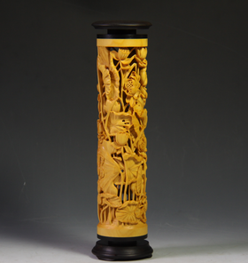 荷蟹/荷趣°黄杨木雕香筒