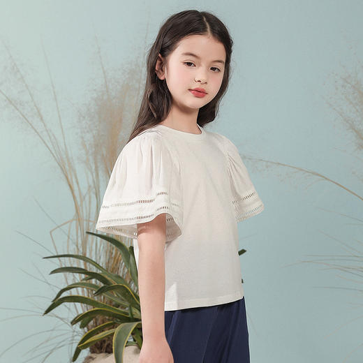 【100%纯棉上衣】mettekids童装镂空泡泡袖T恤女童春夏新款短袖宽松上衣 商品图2
