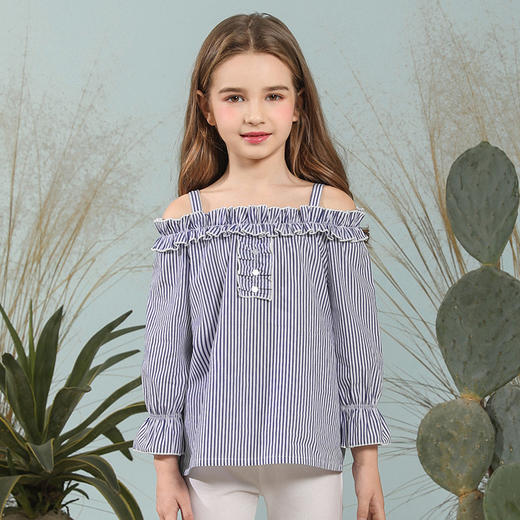 【纯棉吊带上衣】童装条纹一字肩吊带背心女童春夏新款衬衣上衣 商品图1