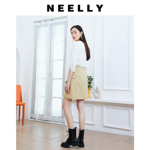NEELLY纳俪不规则A字口袋高腰显瘦显瘦百搭2021新款短裙半身裙N072103AE155 商品图4