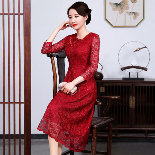 上海旗袍厂JC-JY5089春装新款气质大码网纱刺绣修身婚宴喜庆连衣裙 商品图2