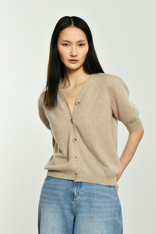 2021新款女士拉毛真丝羊绒V领短袖开衫 商品图0