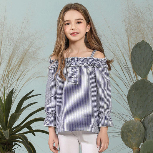 【纯棉吊带上衣】童装条纹一字肩吊带背心女童春夏新款衬衣上衣 商品图4