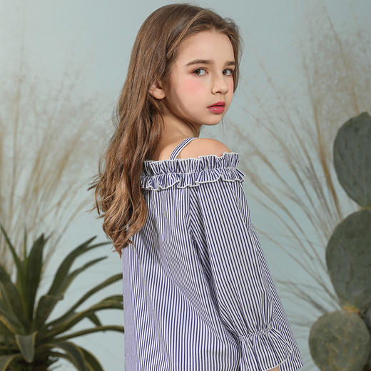 【纯棉吊带上衣】童装条纹一字肩吊带背心女童春夏新款衬衣上衣 商品图5