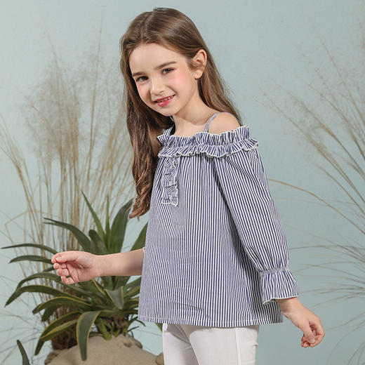 【纯棉吊带上衣】童装条纹一字肩吊带背心女童春夏新款衬衣上衣 商品图3