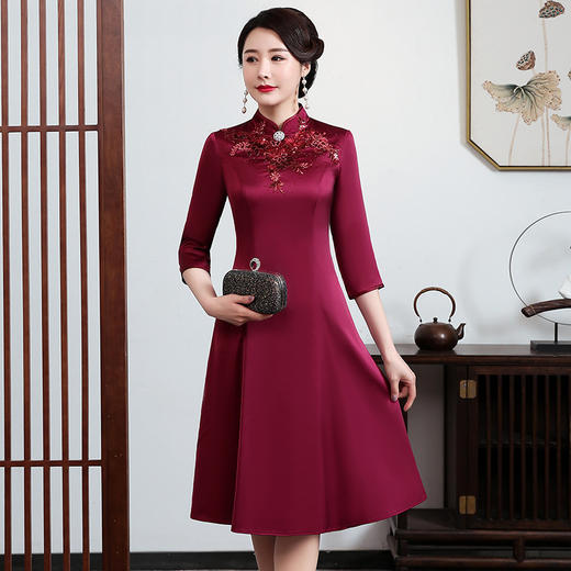 上海旗袍厂JC-JY5037春季新款婚宴婚礼喜庆红色喜婆婆气质修身妈妈装连衣裙 商品图0