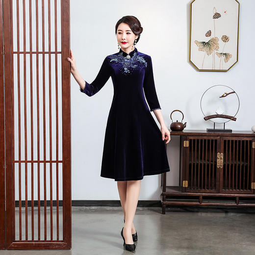 上海旗袍厂JC-JY5011七分袖春新款金丝绒复古妈妈装旗袍婚礼婚宴旗袍七分袖连衣裙 商品图1