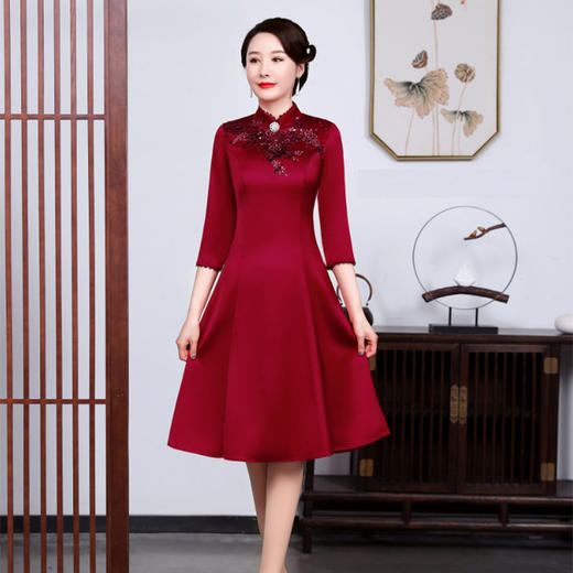 上海旗袍厂JC-JY5037春季新款婚宴婚礼喜庆红色喜婆婆气质修身妈妈装连衣裙 商品图1