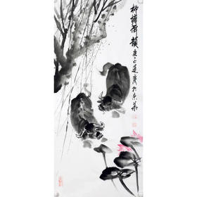 吴运广《柳塘荷韵》45cm*95cm 动物竖幅作品 客厅挂画