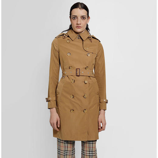 【二】BURBERRY 巴宝莉 女士可拆卸连帽肯辛顿版型塔夫绸 Trench 风衣 卡其色 8033521 A1420 商品图0