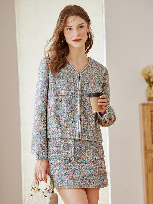 【欧芮儿新款直筒宽松拼织带亮丝手工编织短外套女 商品图2