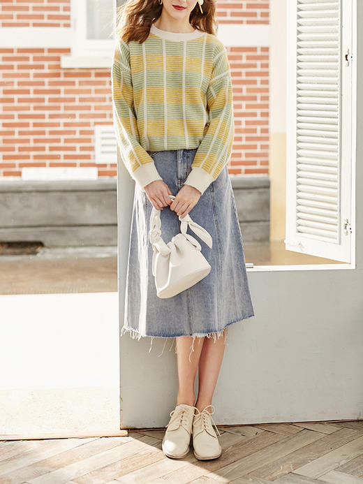 欧芮儿水洗牛仔半身裙女新款高腰显瘦中长款花边A字裙 商品图2