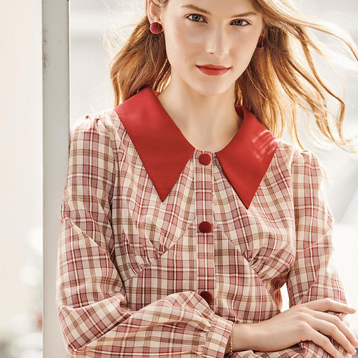 欧芮儿复古格子长袖衬衫女新品灯笼袖修身翻领拼接上衣 商品图1