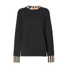 【二】BURBERRY 巴宝莉 女士 格纹边缘圆领长袖羊毛衫 黑色 8008939 A1189