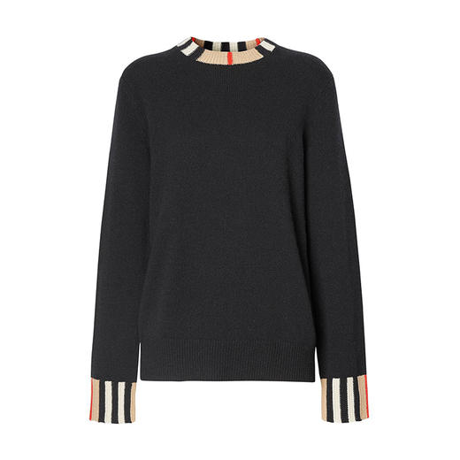 【二】BURBERRY 巴宝莉 女士 格纹边缘圆领长袖羊毛衫 黑色 8008939 A1189 商品图0