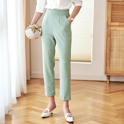 欧芮儿高腰显瘦绿色休闲裤女新款韩版百搭锥型哈伦裤薄款 商品图0