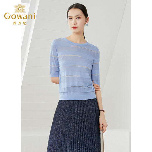 【三色可选】乔万尼针织衫薄款女冰丝上衣打底圆领短款五分袖短袖镂空套头薄款EI1M945 商品图2