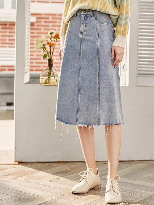 欧芮儿水洗牛仔半身裙女新款高腰显瘦中长款花边A字裙 商品图1