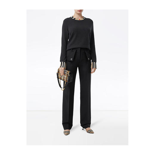 【二】BURBERRY 巴宝莉 女士 格纹边缘圆领长袖羊毛衫 黑色 8008939 A1189 商品图3