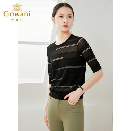 【三色可选】乔万尼针织衫薄款女冰丝上衣打底圆领短款五分袖短袖镂空套头薄款EI1M945 商品图1