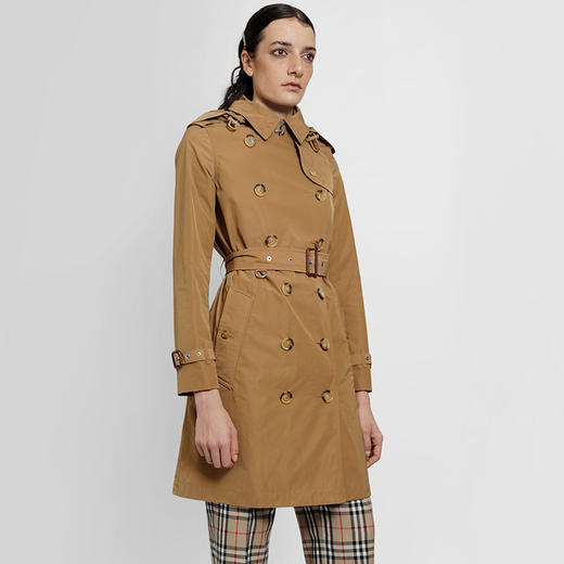 【二】BURBERRY 巴宝莉 女士可拆卸连帽肯辛顿版型塔夫绸 Trench 风衣 卡其色 8033521 A1420 商品图1