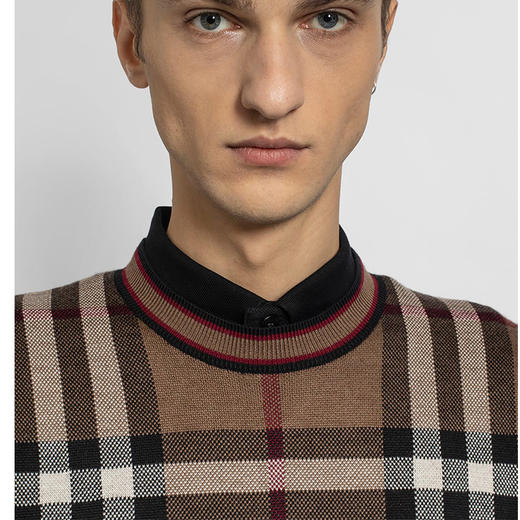 【一】BURBERRY 巴宝莉 男士格纹羊毛提花针织衫 棕色红条大格子 8036603 A8773 商品图3