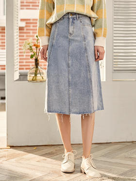 欧芮儿水洗牛仔半身裙女新款高腰显瘦中长款花边A字裙
